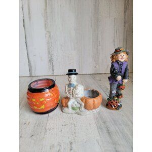 Witch Halloween statue AS IS pumpkin skeleton home decor figure set